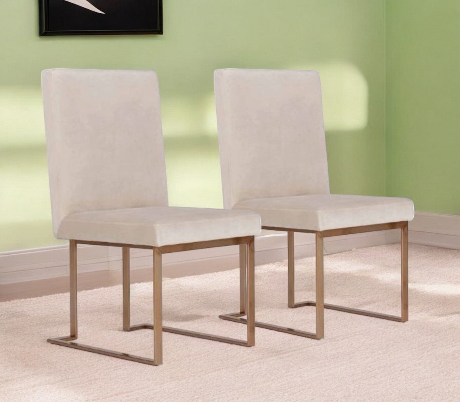 Set of Two Beige And Brass Upholstered Velvet Dining Side Chairs