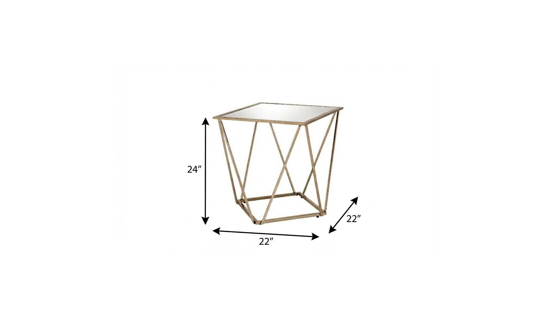 24" Champagne And Silver Glass And Metal Square Mirrored End Table