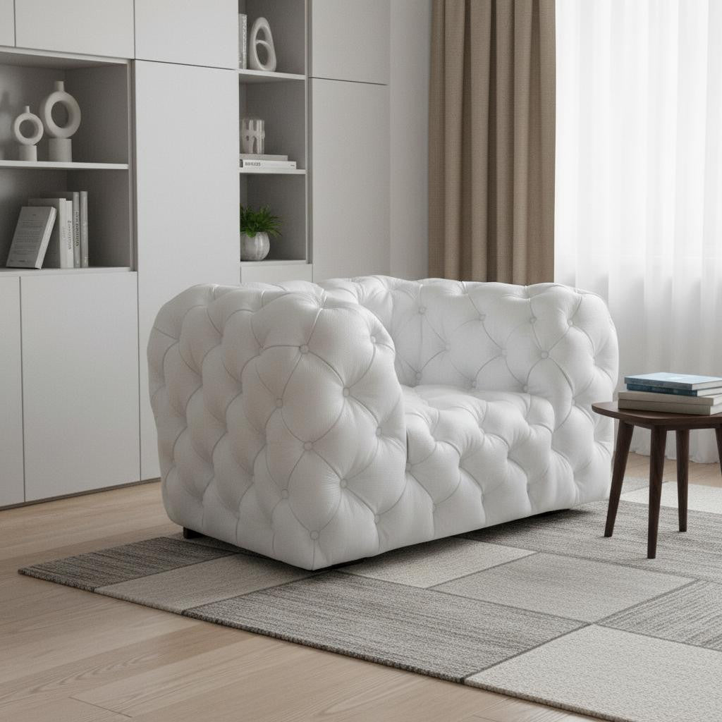 57" White And Black Top Grain Leather Tufted Arm Chair