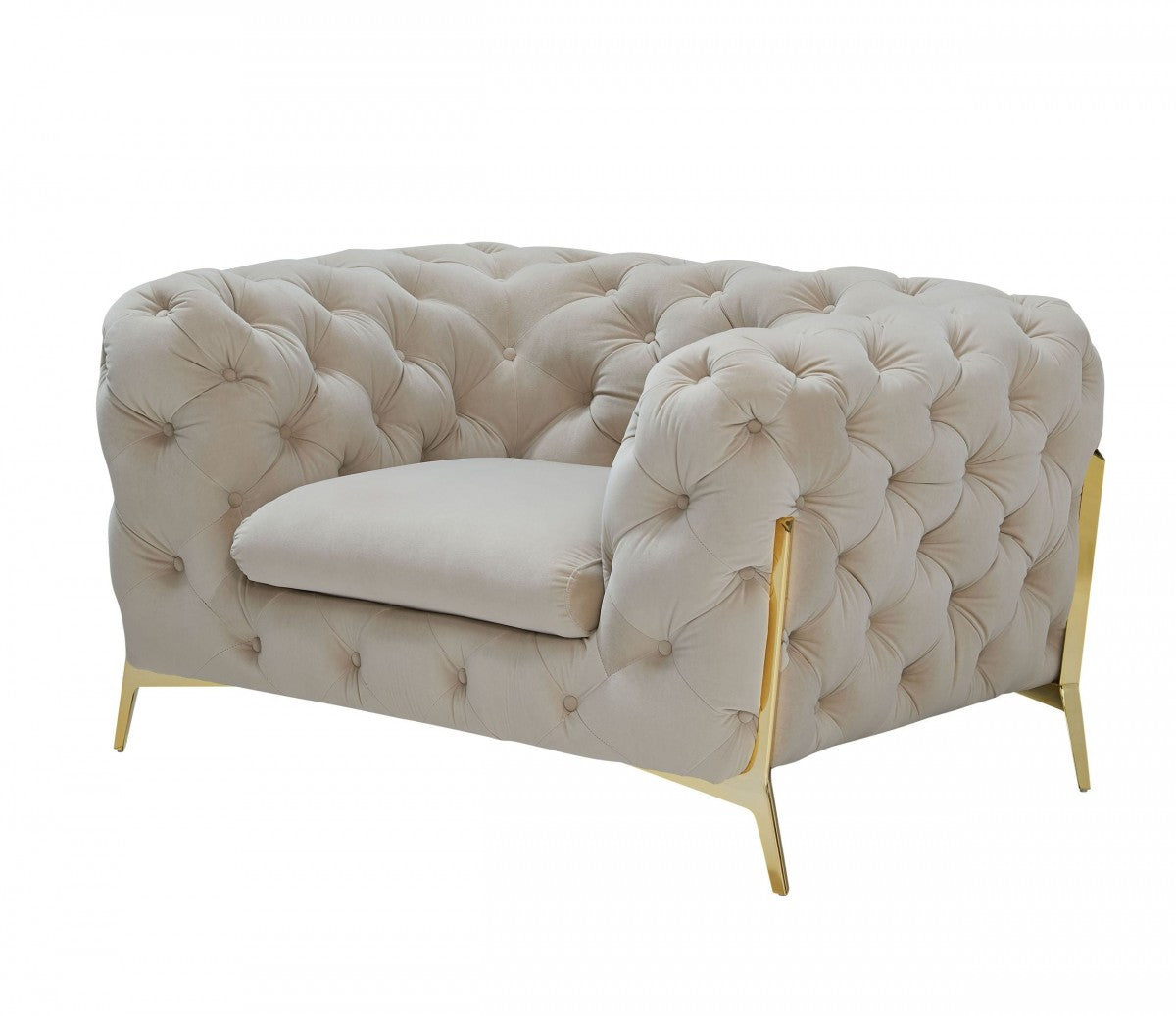 50" Beige And Gold Velvet Tufted Arm Chair