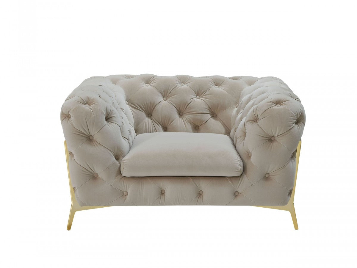 50" Beige And Gold Velvet Tufted Arm Chair