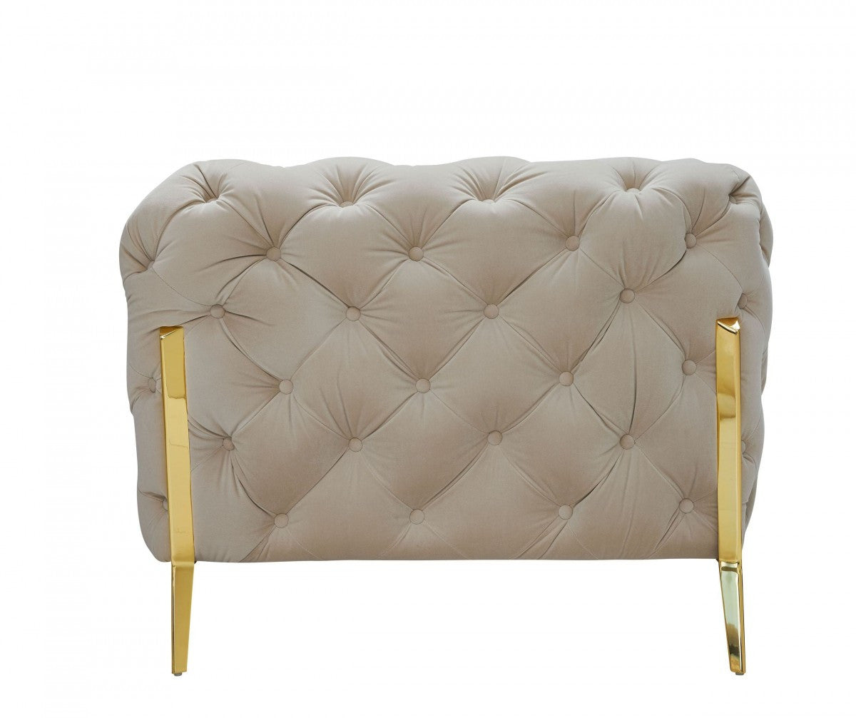 50" Beige And Gold Velvet Tufted Arm Chair