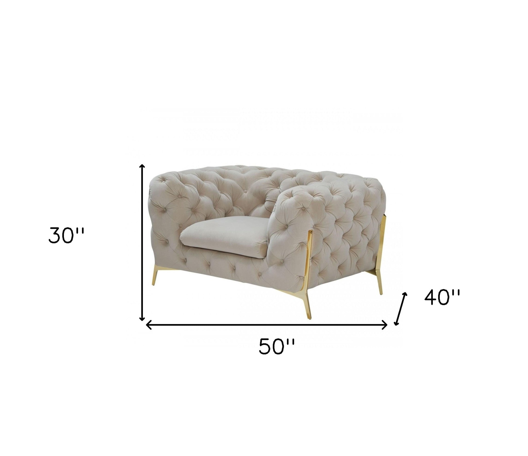 50" Beige And Gold Velvet Tufted Arm Chair