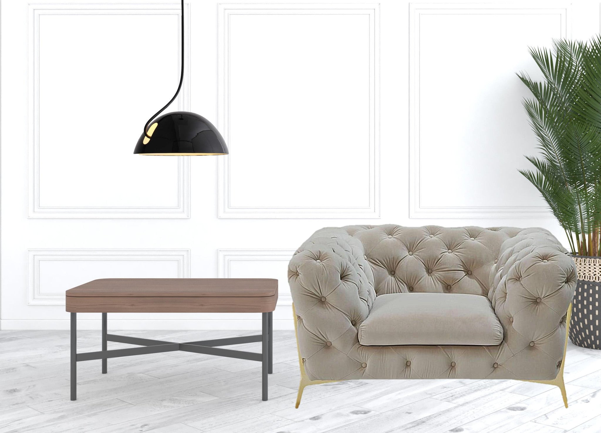50" Beige And Gold Velvet Tufted Arm Chair