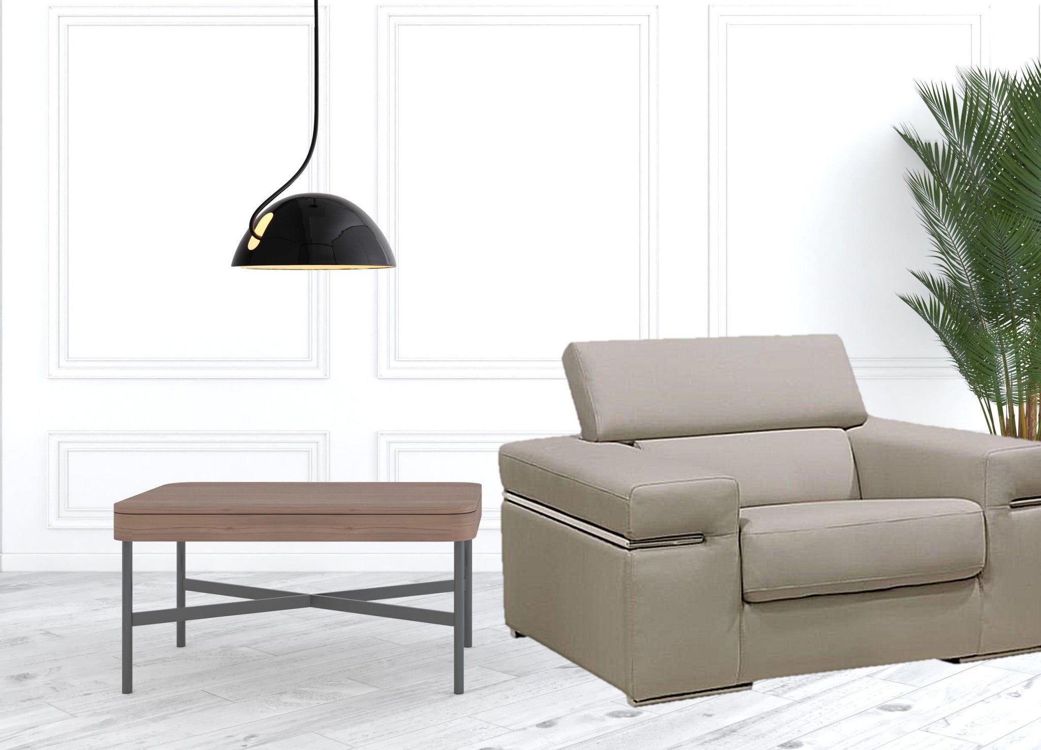 50" Light Gray And Brass Faux Leather Arm Chair