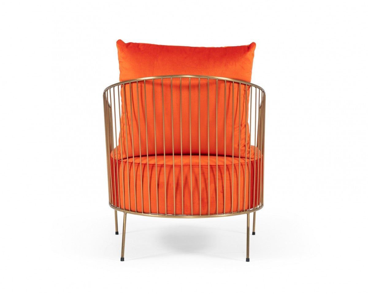 27" Orange And Gold Velvet Arm Chair