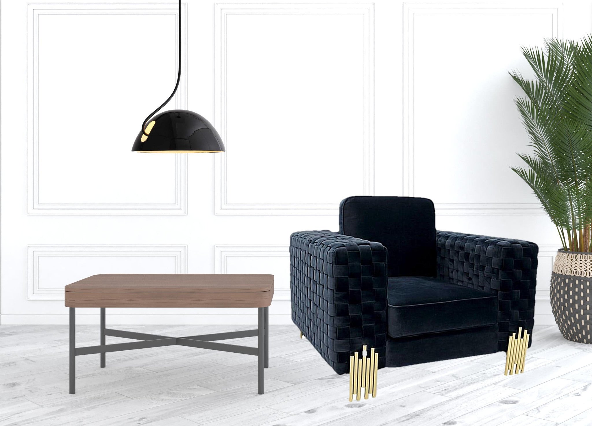 45" Black And Gold Velvet Arm Chair