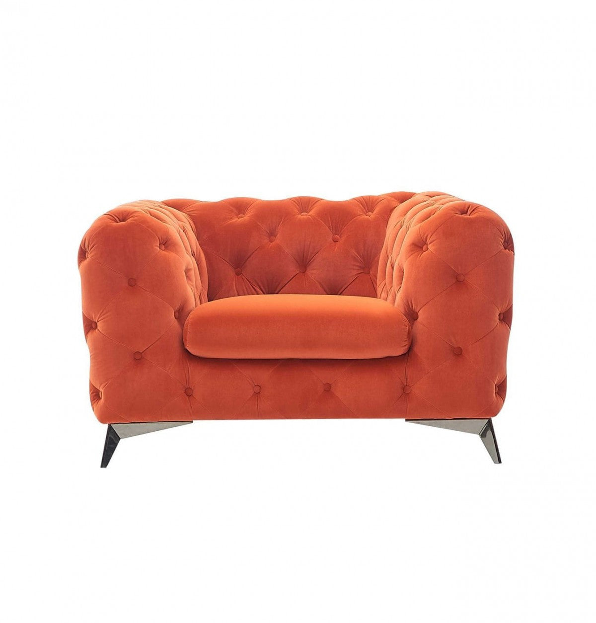 50" Orange And Silver Velvet Tufted Arm Chair
