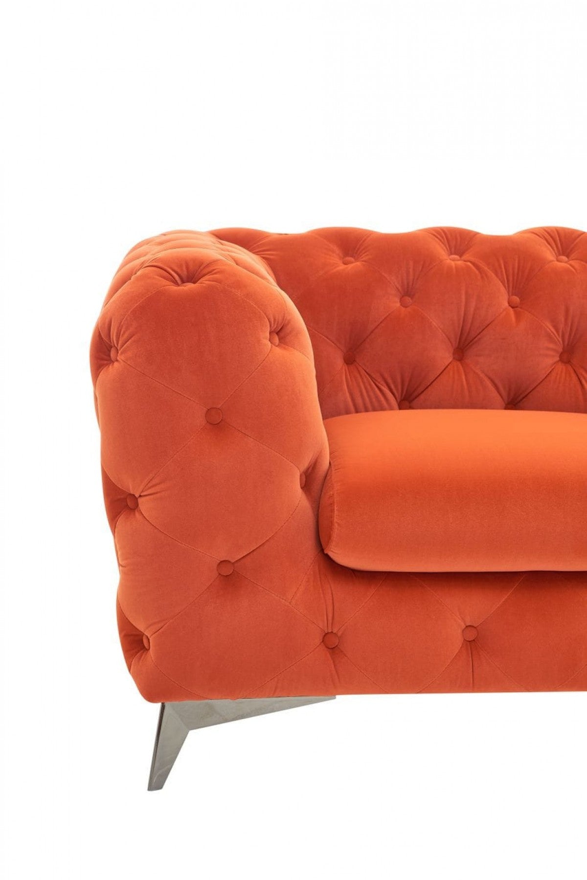 50" Orange And Silver Velvet Tufted Arm Chair
