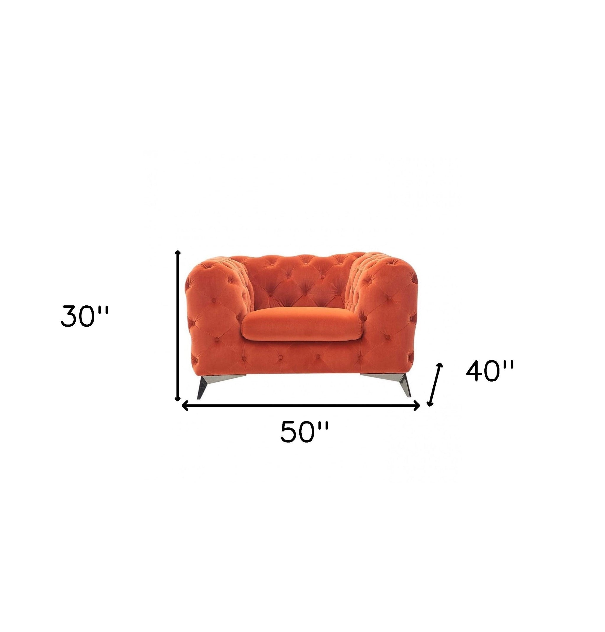 50" Orange And Silver Velvet Tufted Arm Chair