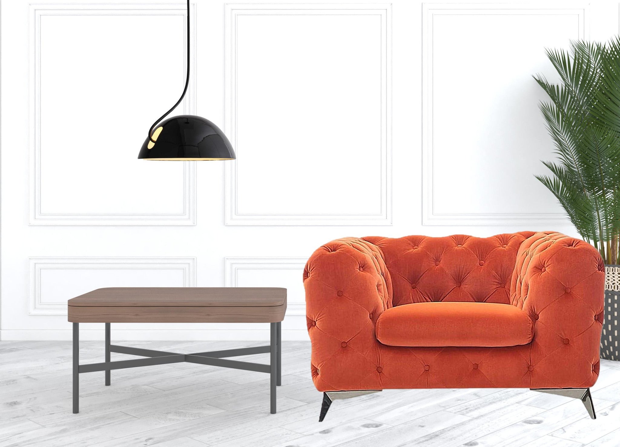 50" Orange And Silver Velvet Tufted Arm Chair