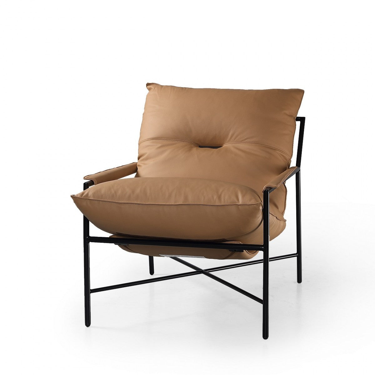 28" Camel And Black Top Grain Leather Tufted Arm Chair