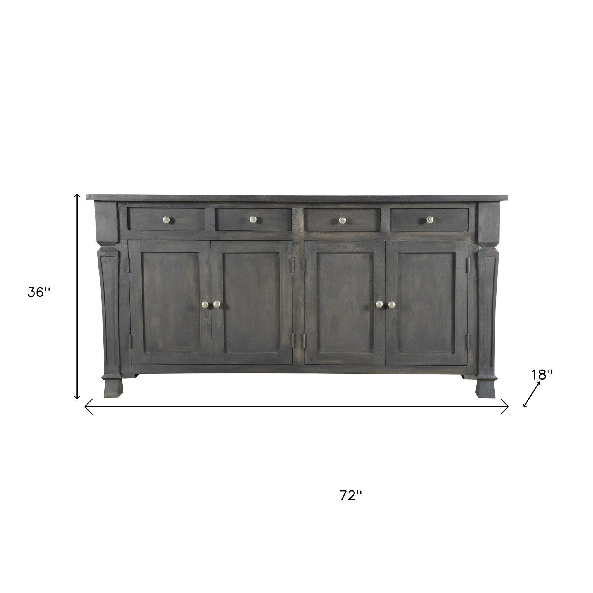 72" Dark Gray Solid Wood Four Drawer Sideboard with Four Doors