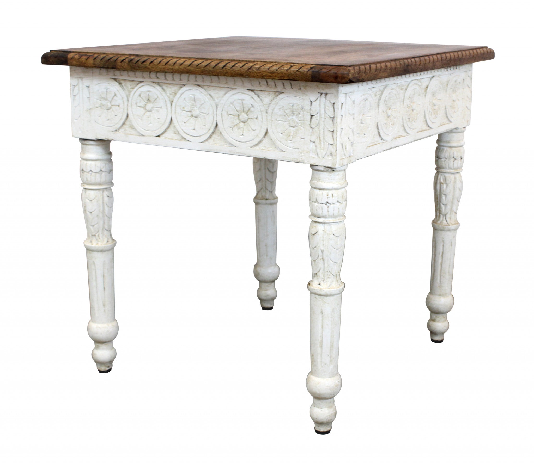 24" Ivory And Brown Distressed Solid Wood Square End Table