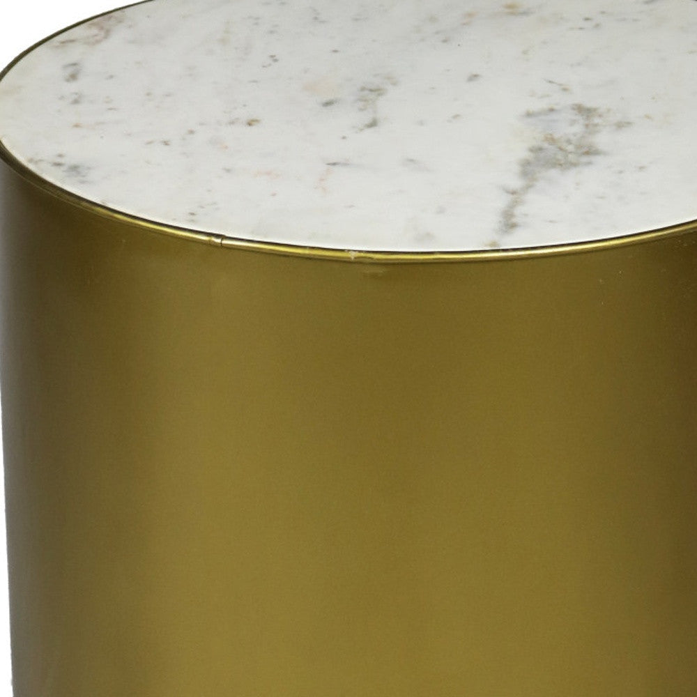 24" Antique Brass And White Marble And Iron Round End Table