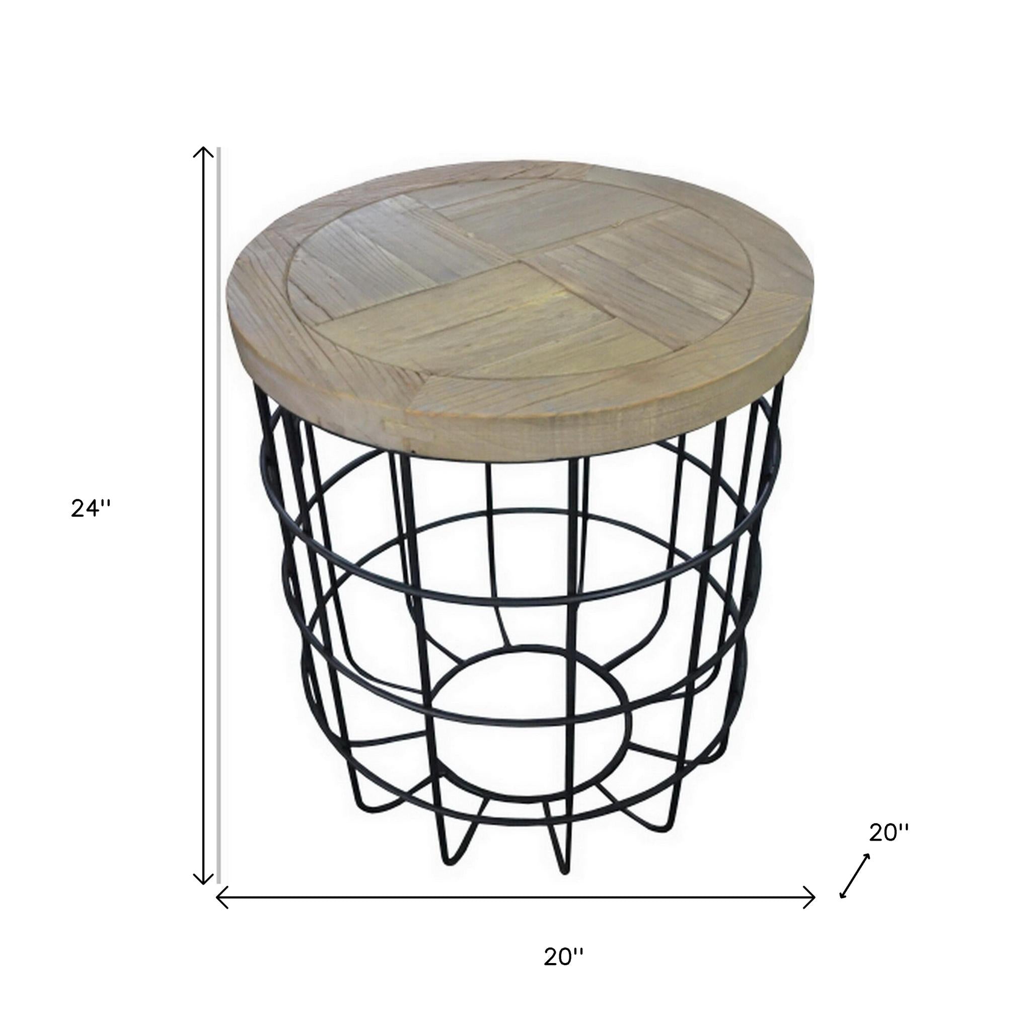 24" Natural and Black Solid Wood and Iron Round Frame End Table