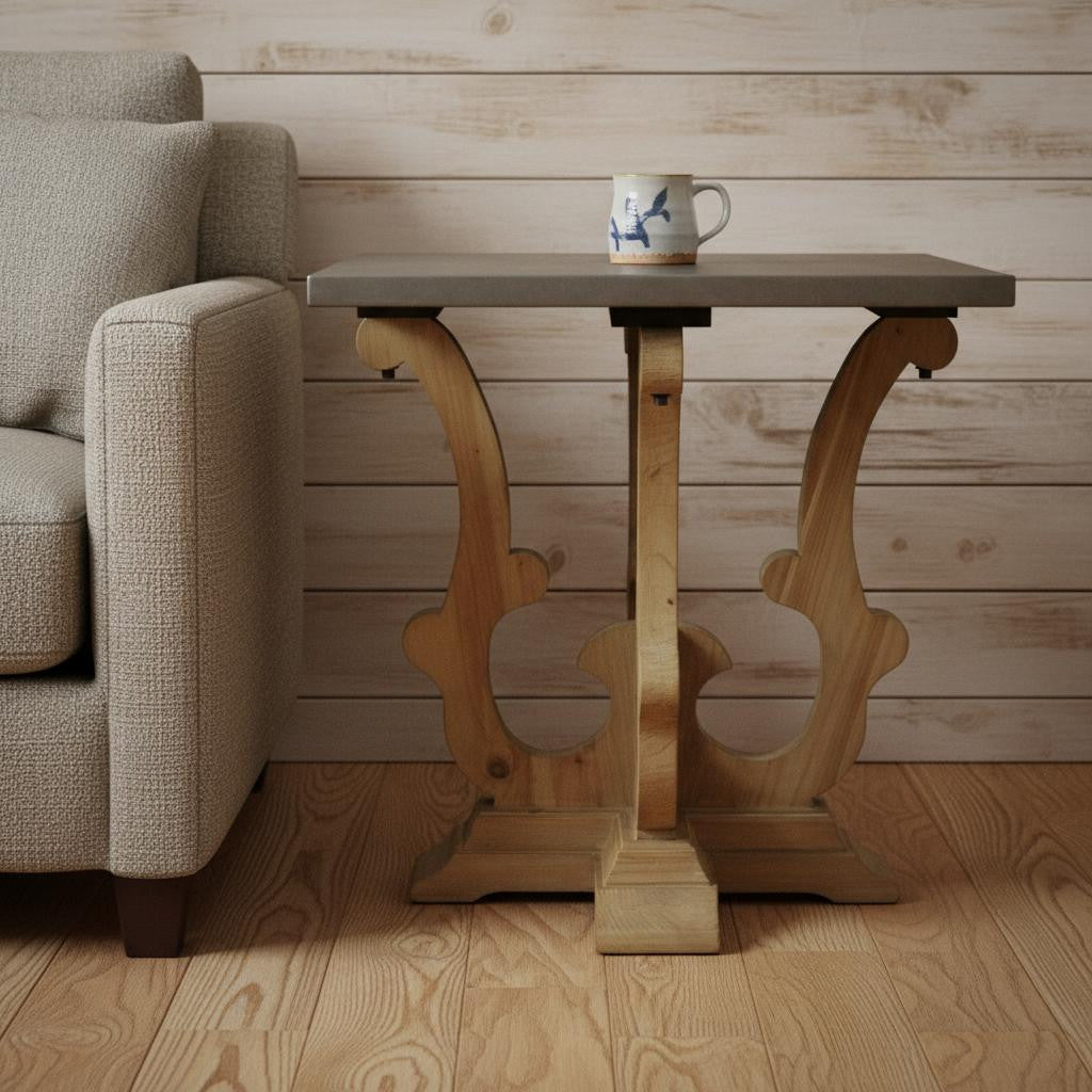 24" Natural Brown And Gray Metal And Solid Wood Square End Table