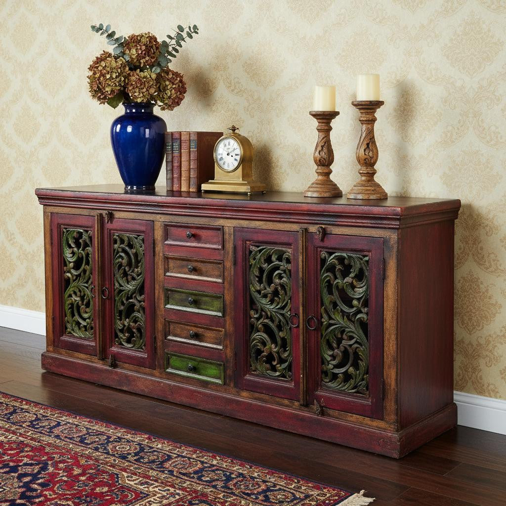 84" Brown Gray and Green Solid Wood Five Drawer Buffet Table with Four Doors