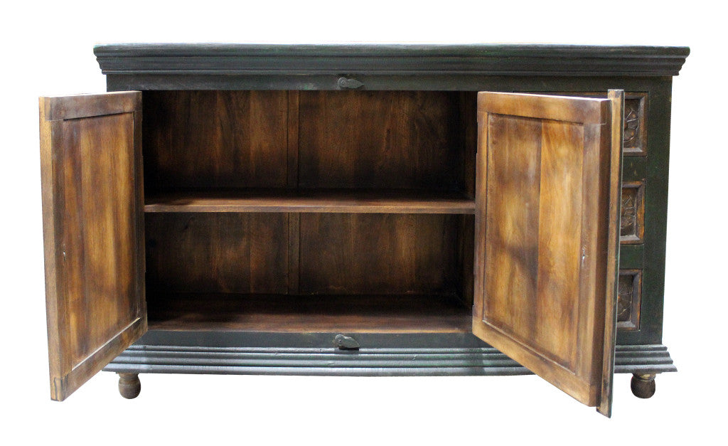 60" Dark Brown and Green Solid Wood Three Drawer Buffet Table with Two Doors