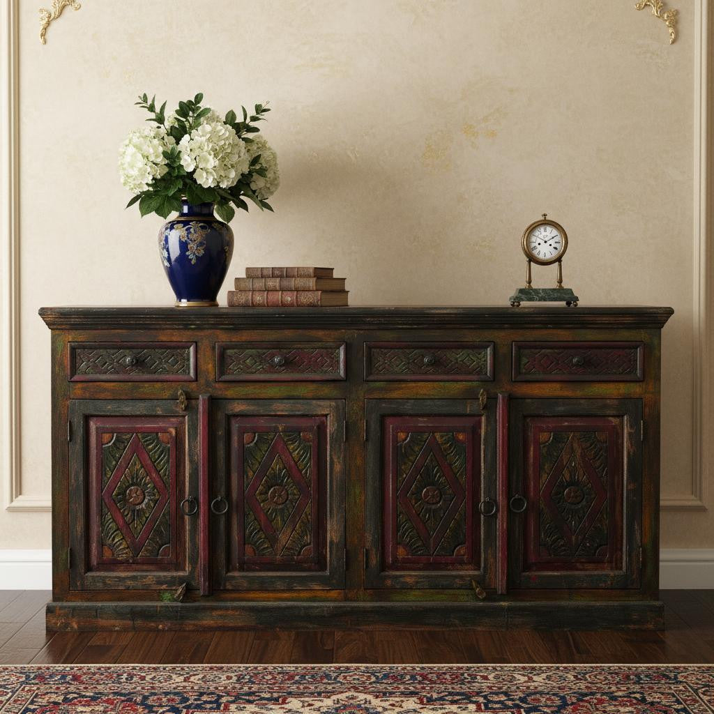 72" Dark Brown and Green Solid Wood Four Drawer Sideboard with Four Doors