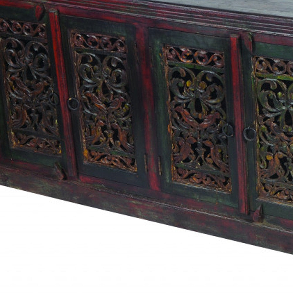 101" Brown and Green Solid Wood Buffet Table with Six Doors