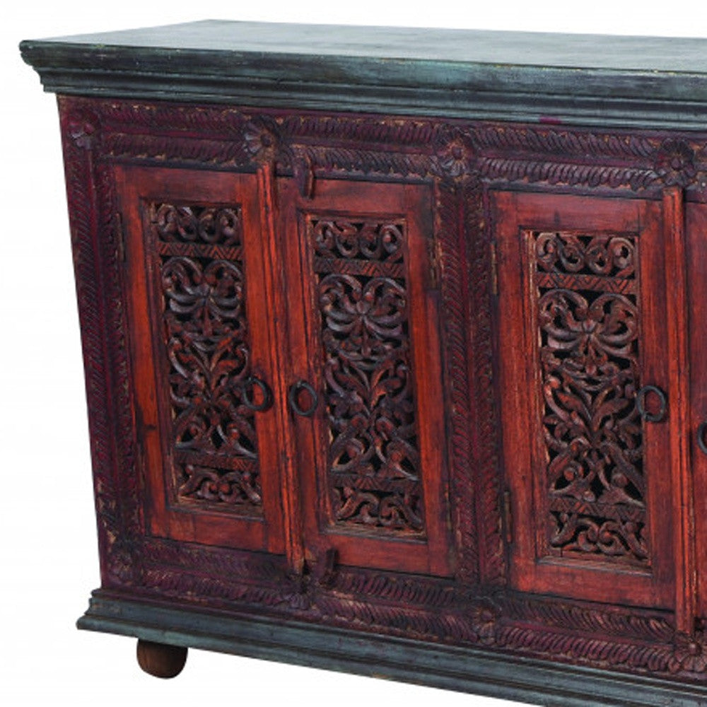 93" Brown and Black Solid Wood Buffet Table with Six Doors