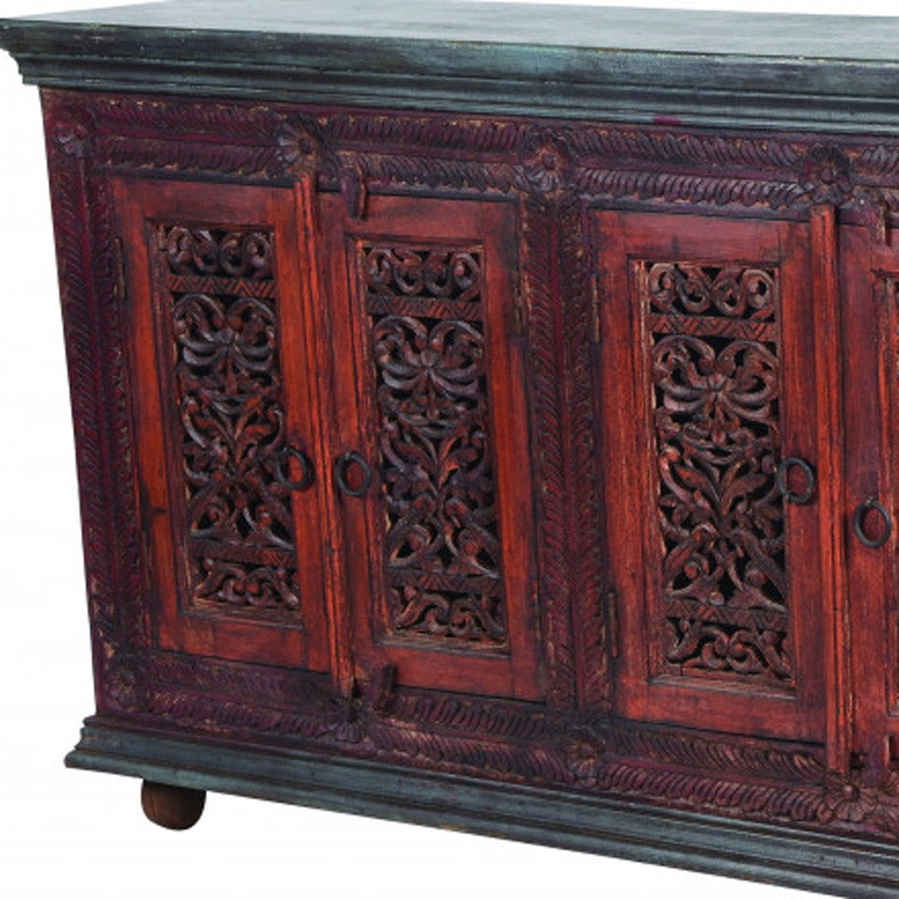 93" Brown and Black Solid Wood Buffet Table with Six Doors