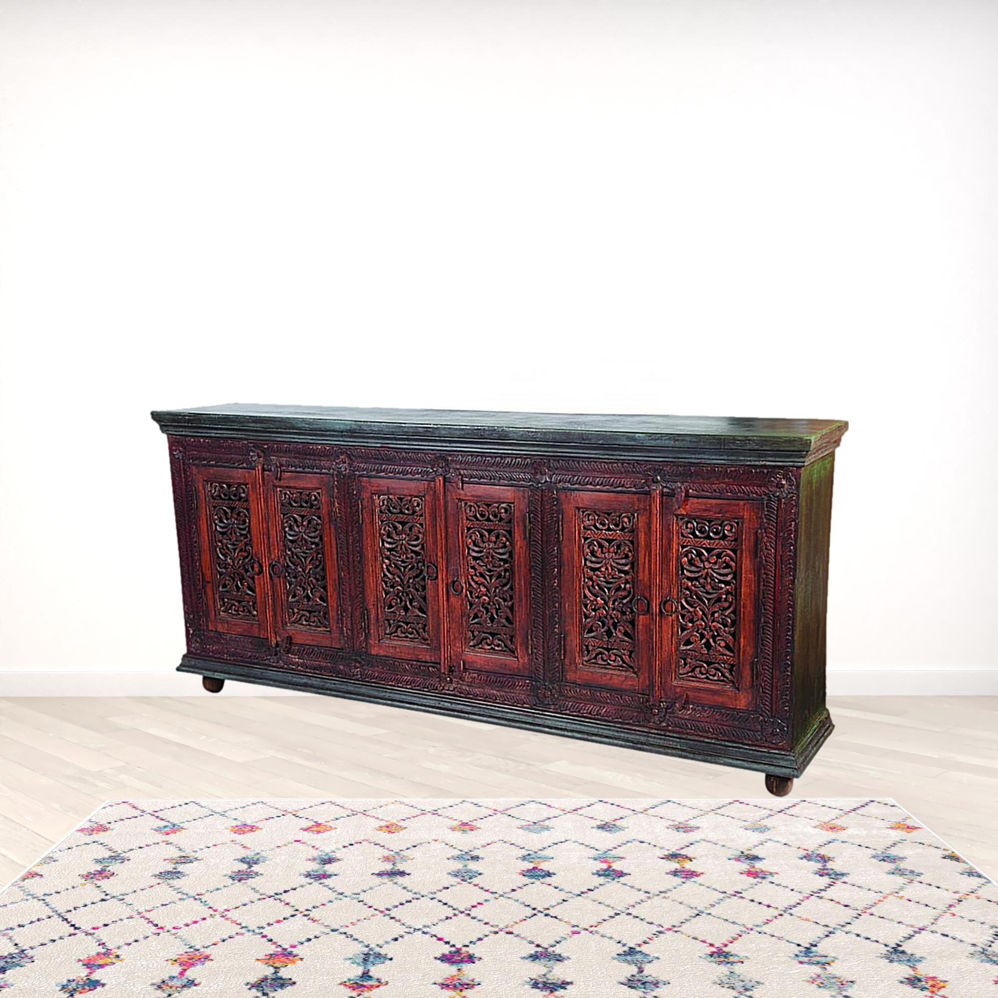 93" Brown and Black Solid Wood Buffet Table with Six Doors