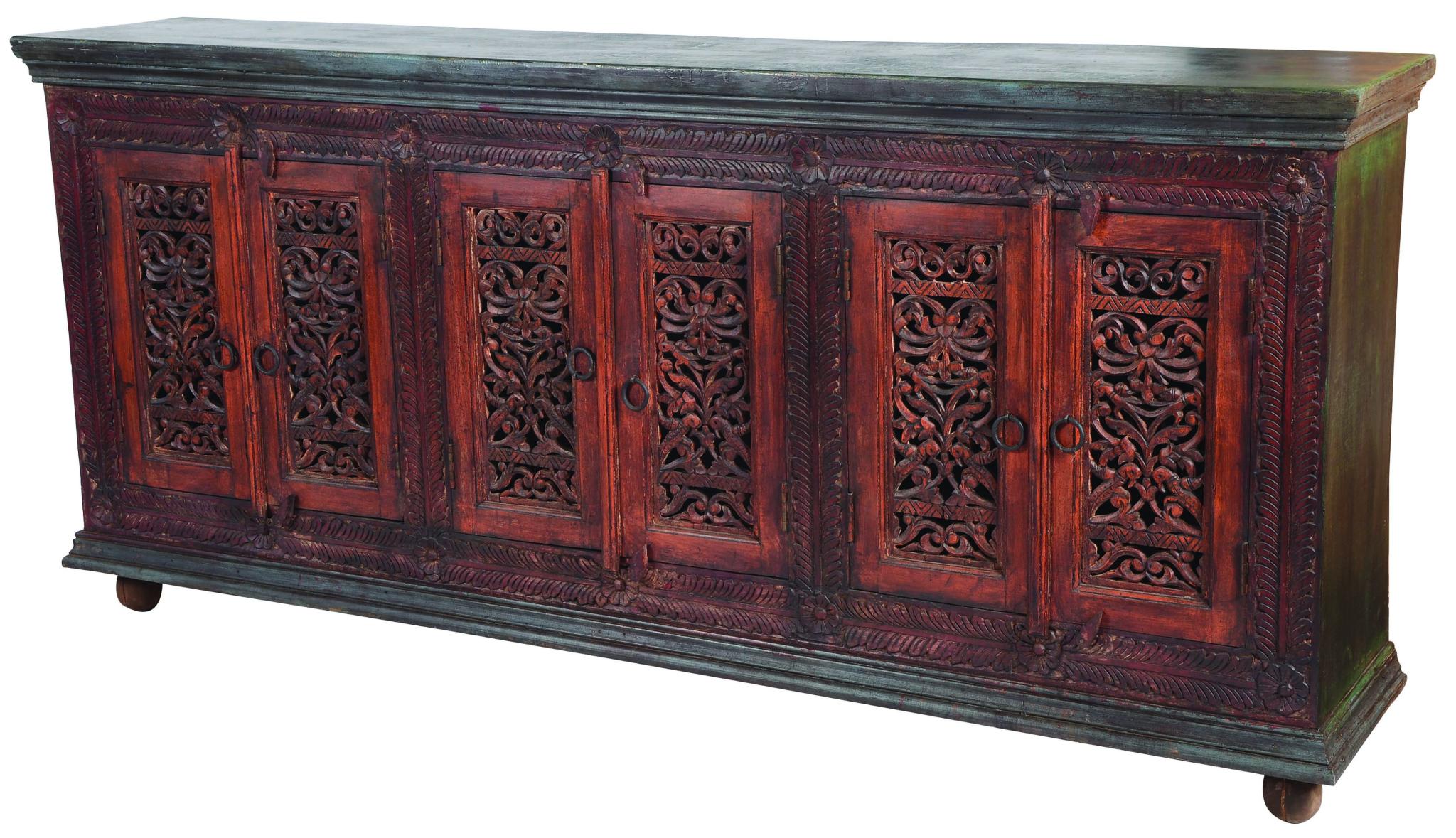 93" Brown and Black Solid Wood Buffet Table with Six Doors