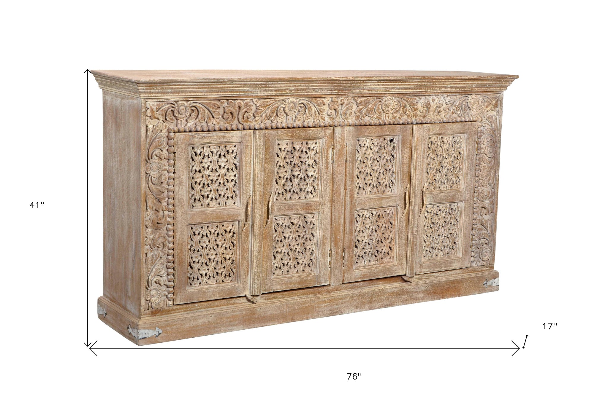 76" Antiqued White Distressed Solid Wood Carved Floral Sideboard with Four Doors