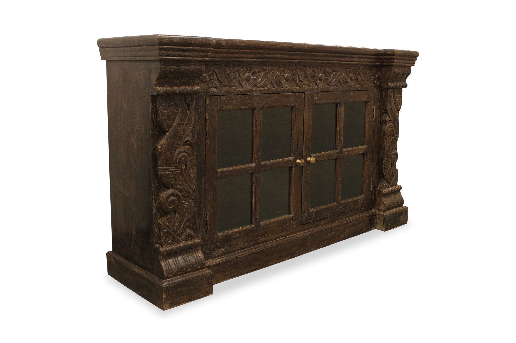60" Brown Distressed Solid Wood Carved Floral Buffet Table with Two Glass Doors