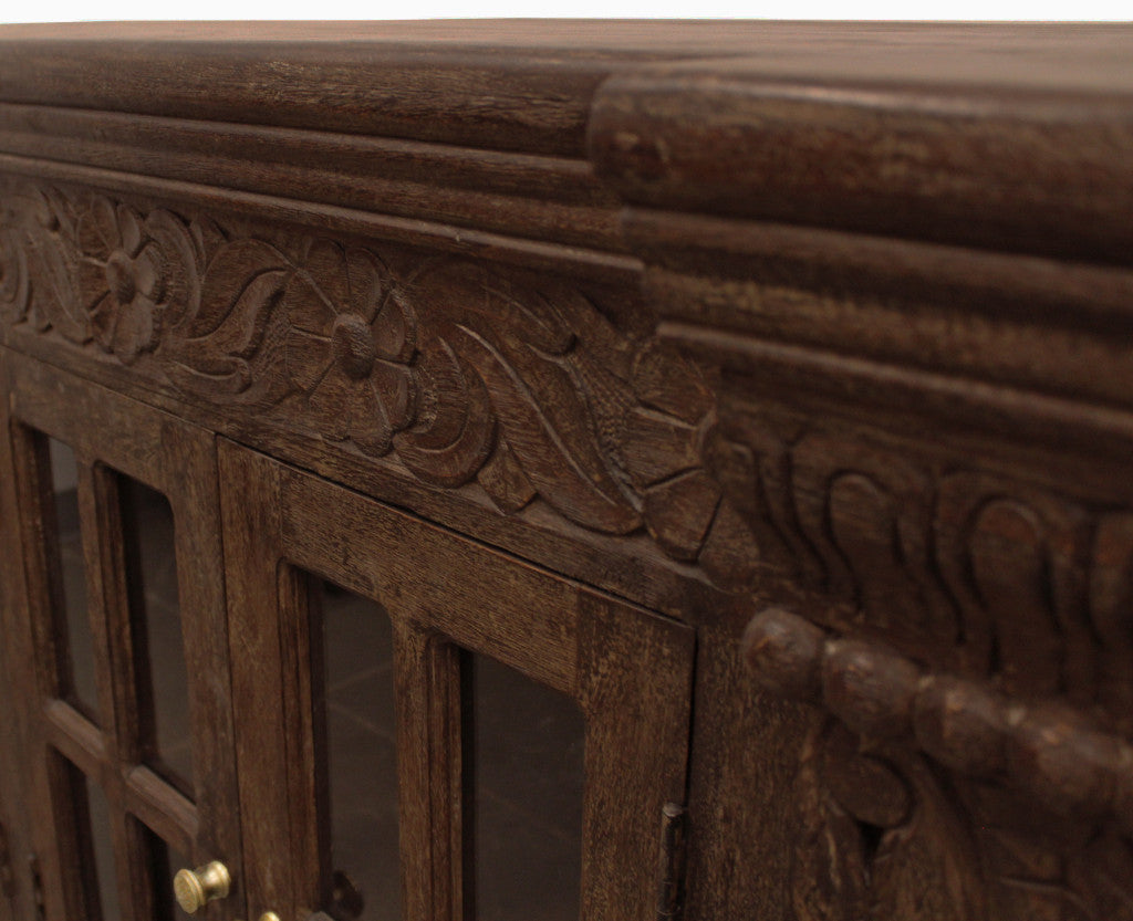 72" Brown Distressed Solid Wood Carved Floral Buffet Table with Four Glass Doors