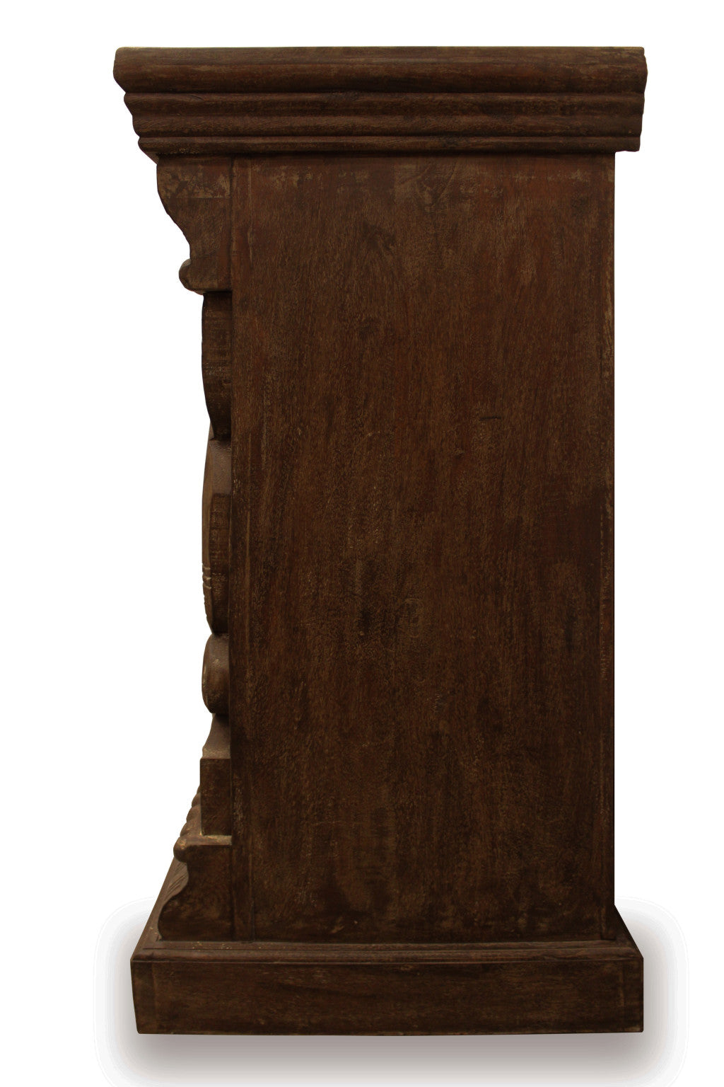 72" Brown Distressed Solid Wood Carved Floral Buffet Table with Four Glass Doors