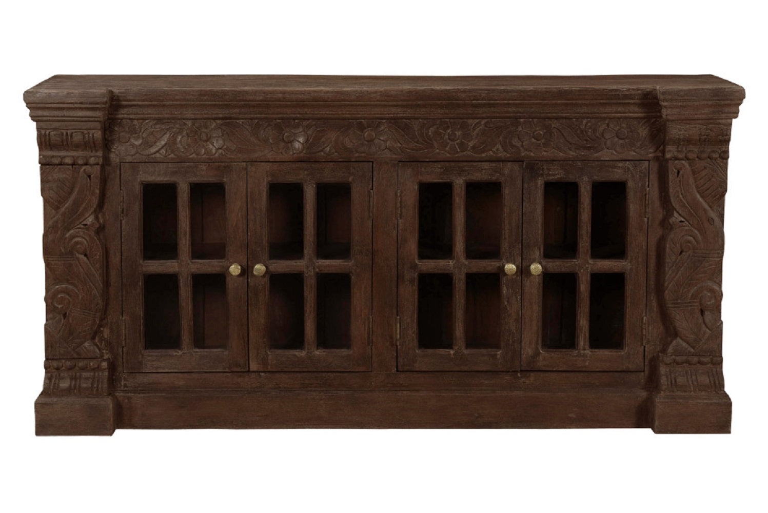 72" Brown Distressed Solid Wood Carved Floral Buffet Table with Four Glass Doors