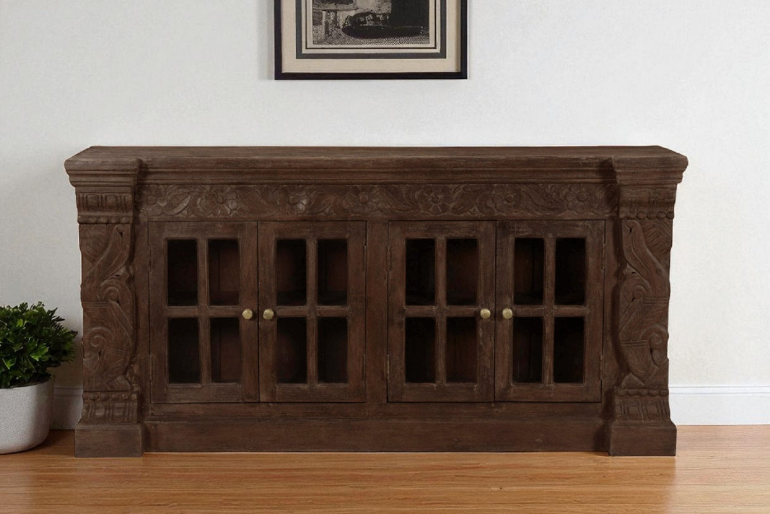 72" Brown Distressed Solid Wood Carved Floral Buffet Table with Four Glass Doors