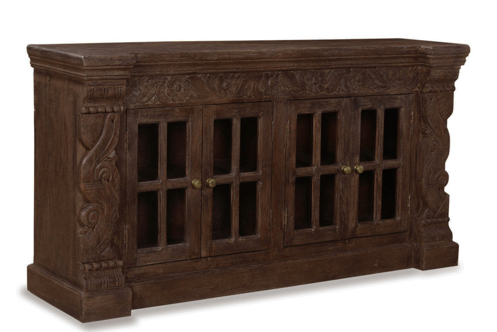 72" Brown Distressed Solid Wood Carved Floral Buffet Table with Four Glass Doors