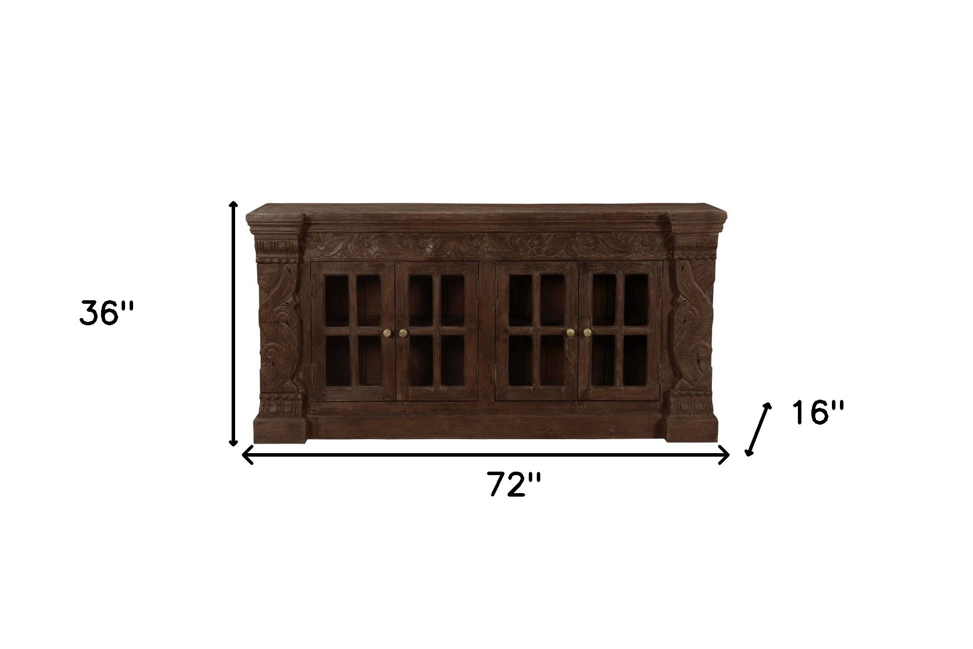 72" Brown Distressed Solid Wood Carved Floral Buffet Table with Four Glass Doors