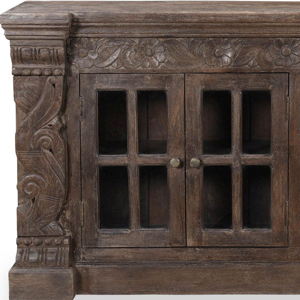 72" Brown Distressed Solid Wood Carved Floral Buffet Table with Four Glass Doors