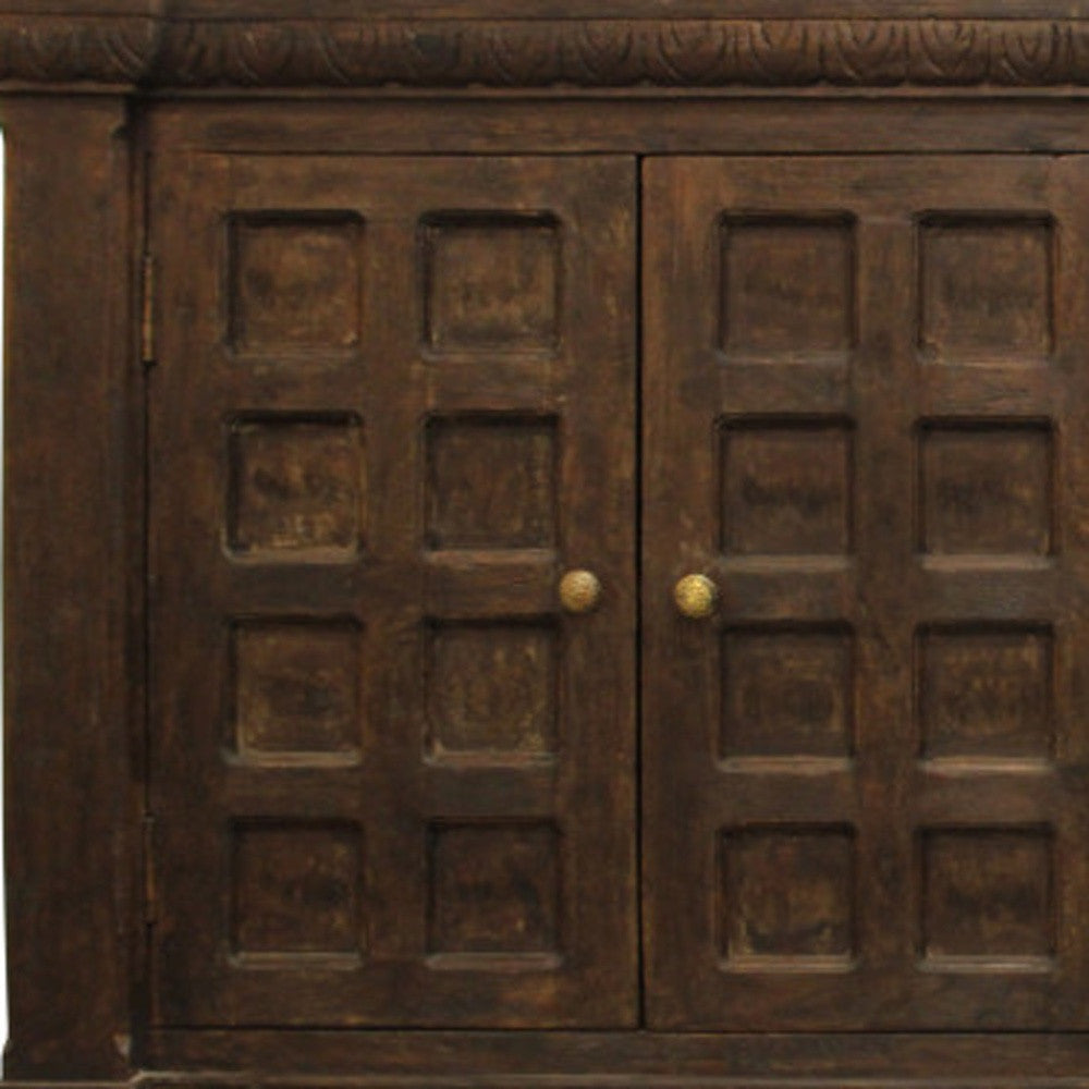 72" Brown Distressed Solid Wood Carved Geometric Buffet Table with Four Doors