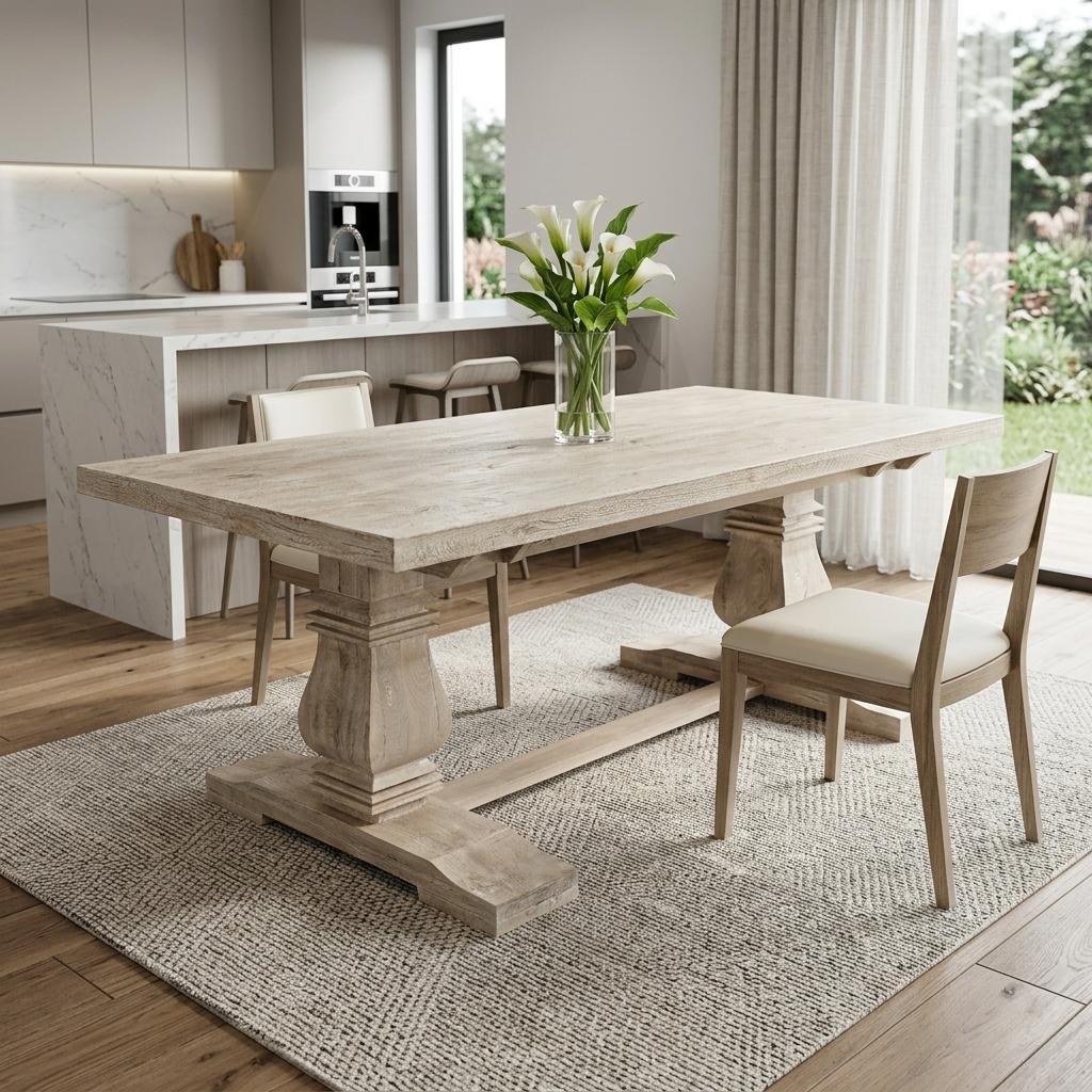 81" Antiqued White Solid Wood Trestle Base Dining Table