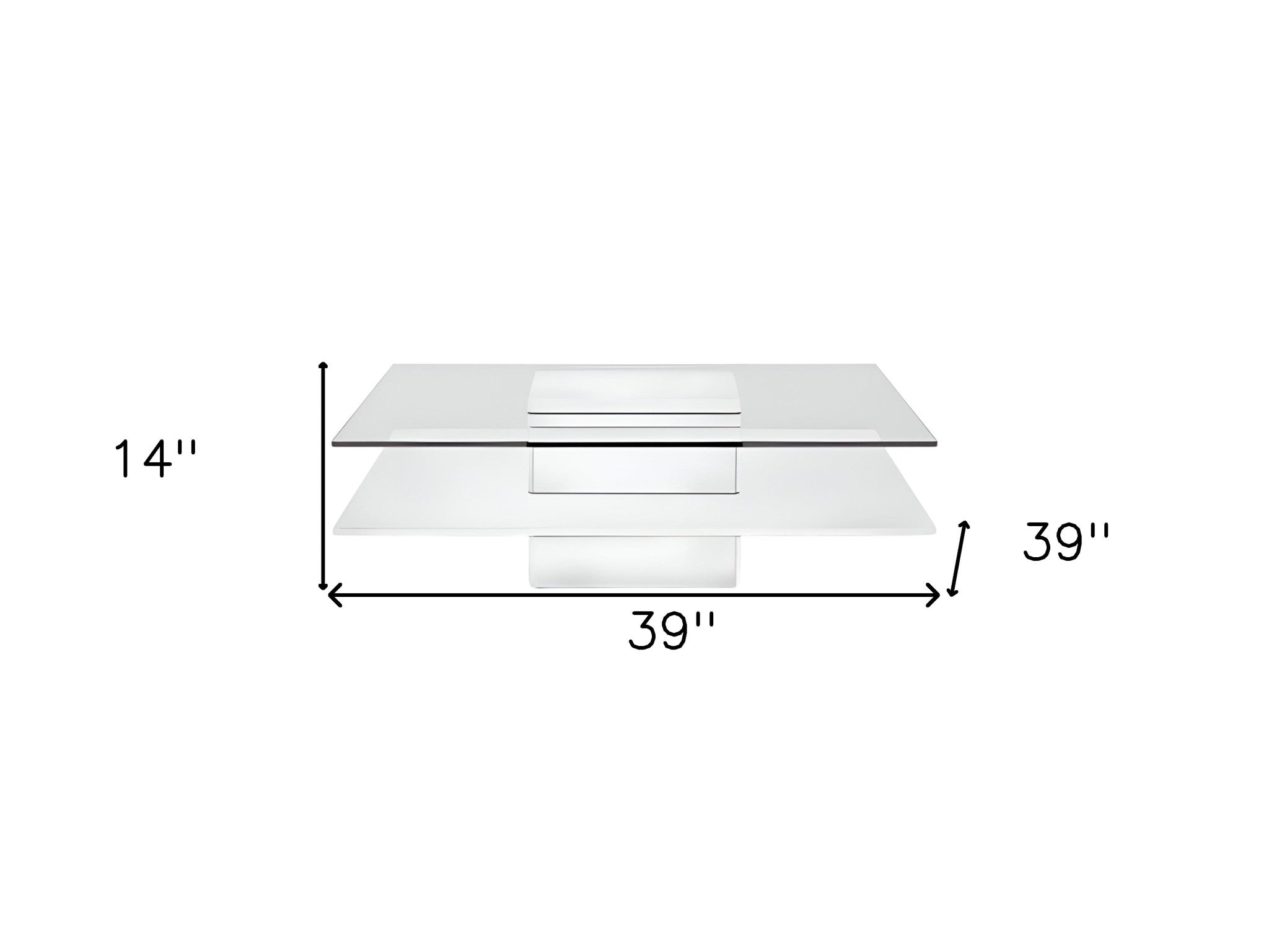 39" Clear and White Glass And Wood Square Pedestal Coffee Table With Shelf