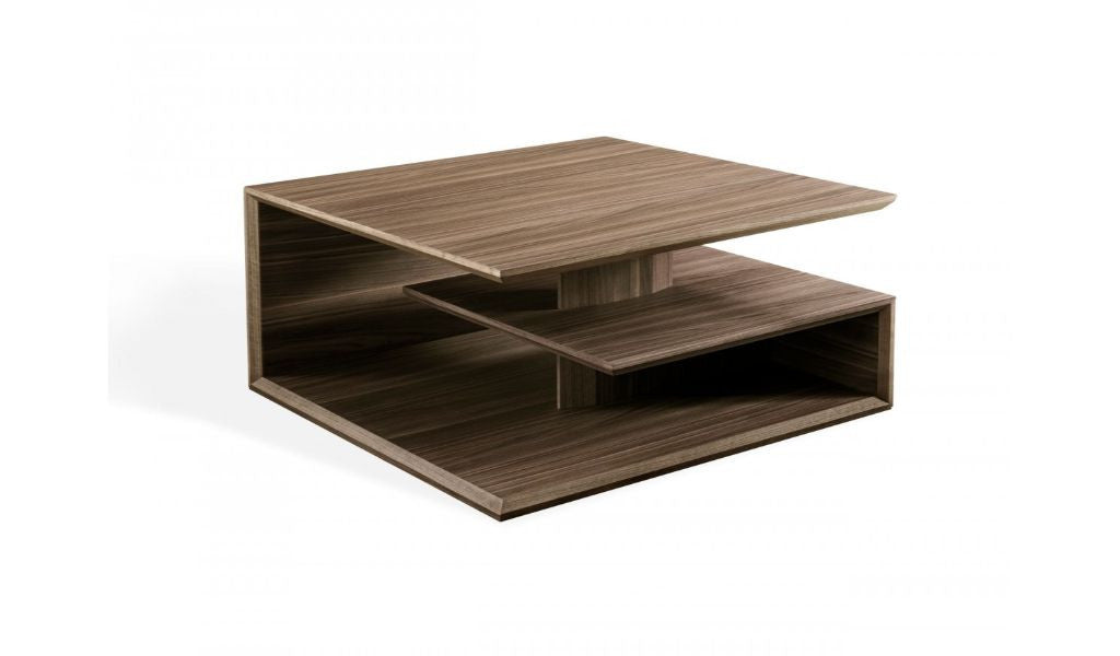 32" Walnut Solid Manufactured Wood Square Coffee Table With Two Shelves