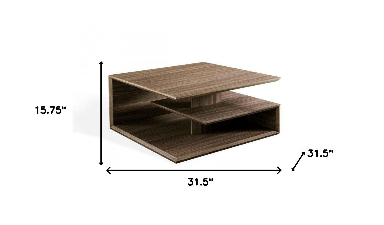 32" Walnut Solid Manufactured Wood Square Coffee Table With Two Shelves