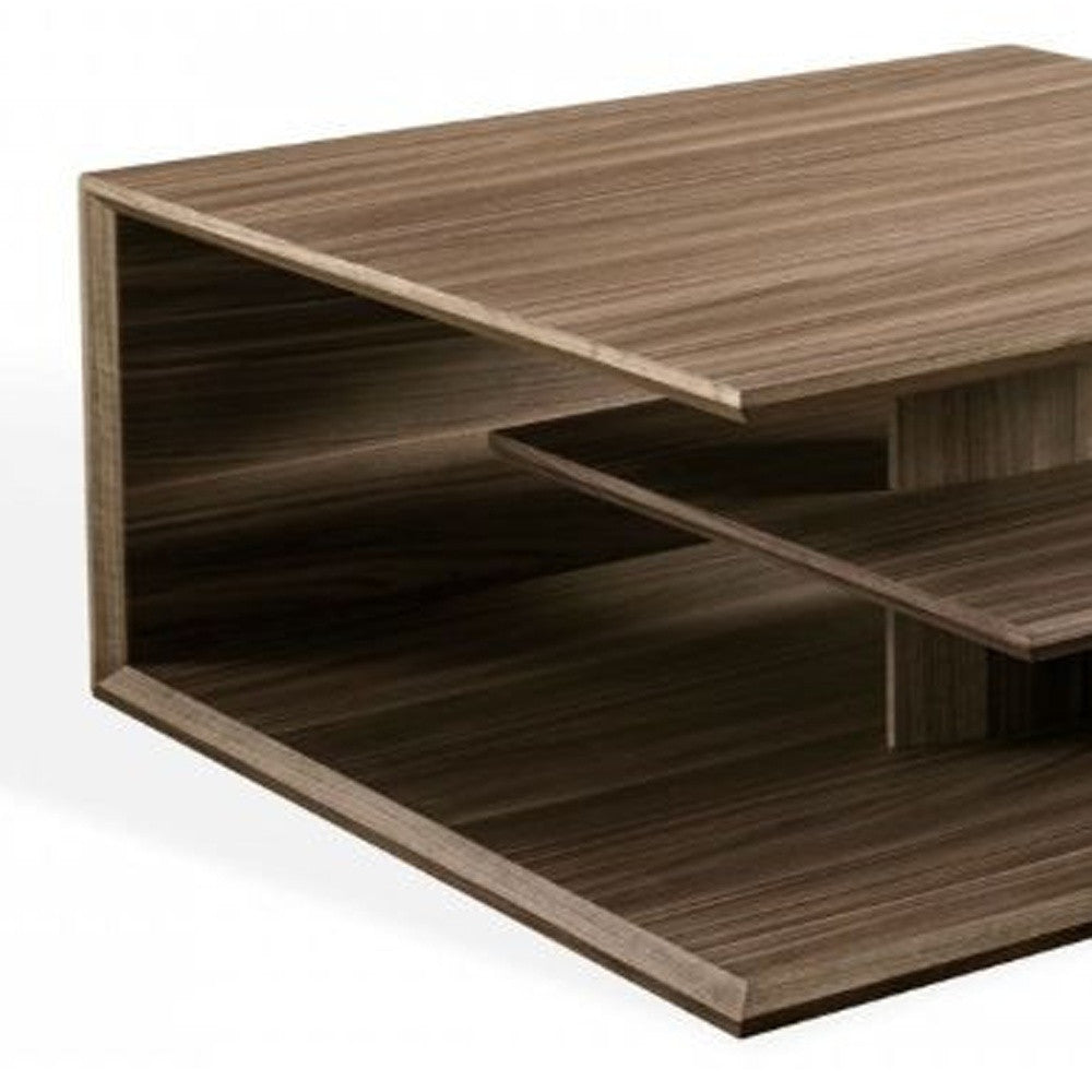 32" Walnut Solid Manufactured Wood Square Coffee Table With Two Shelves