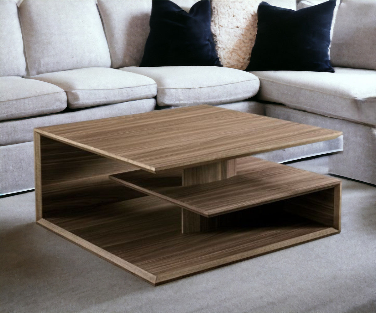32" Walnut Solid Manufactured Wood Square Coffee Table With Two Shelves