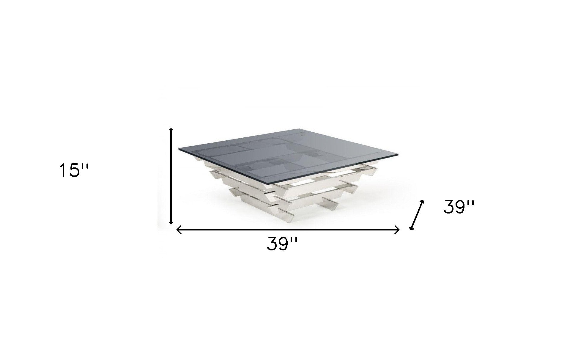 39" Gray and Silver Glass And Stainless Steel Square Frame Coffee Table