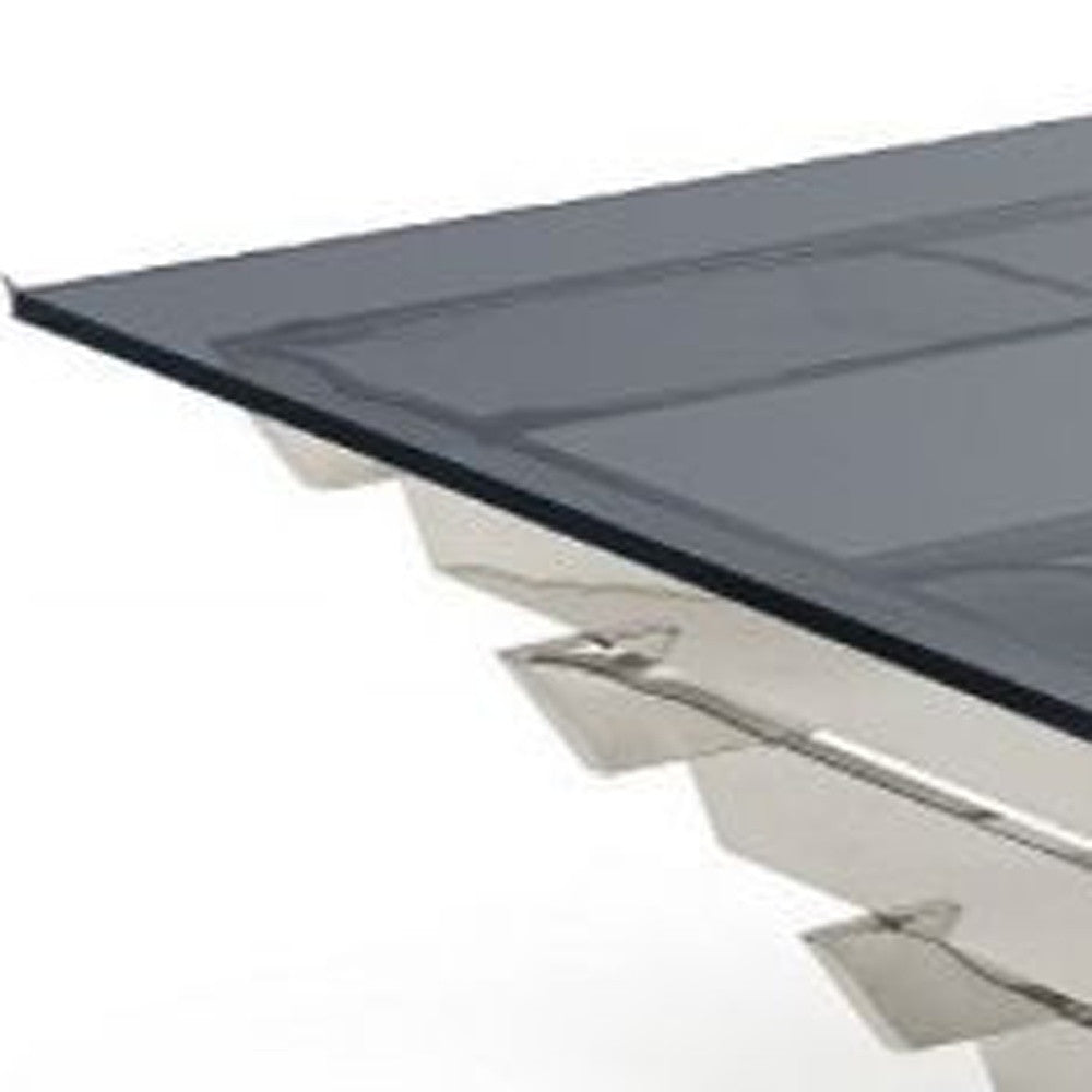 39" Gray and Silver Glass And Stainless Steel Square Frame Coffee Table