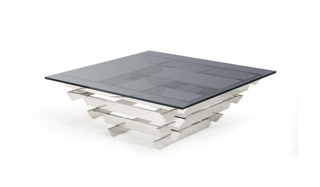 39" Gray and Silver Glass And Stainless Steel Square Frame Coffee Table