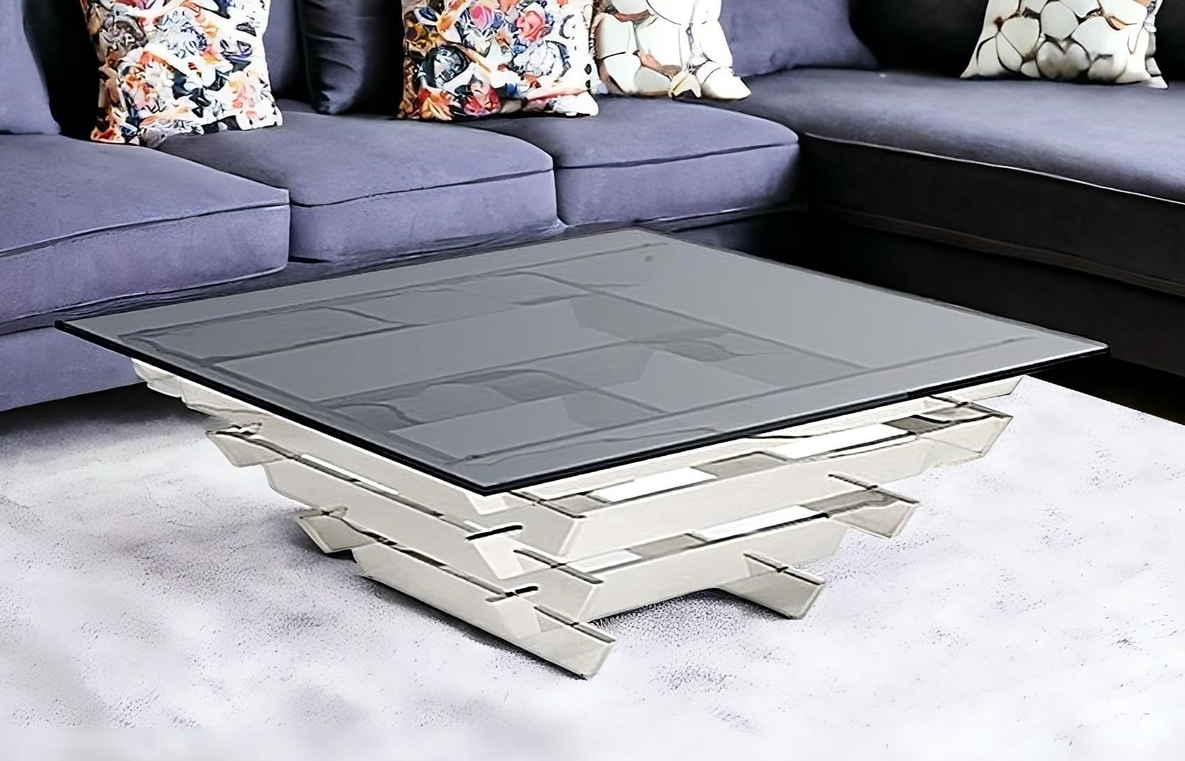 39" Gray and Silver Glass And Stainless Steel Square Frame Coffee Table
