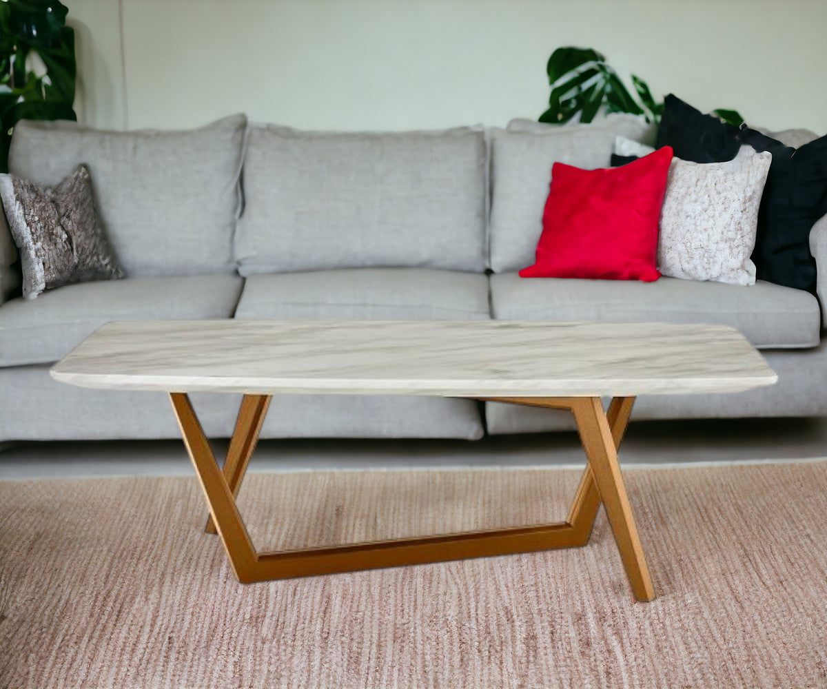 51" White and Brown Faux Marble And Wood Abstract Coffee Table